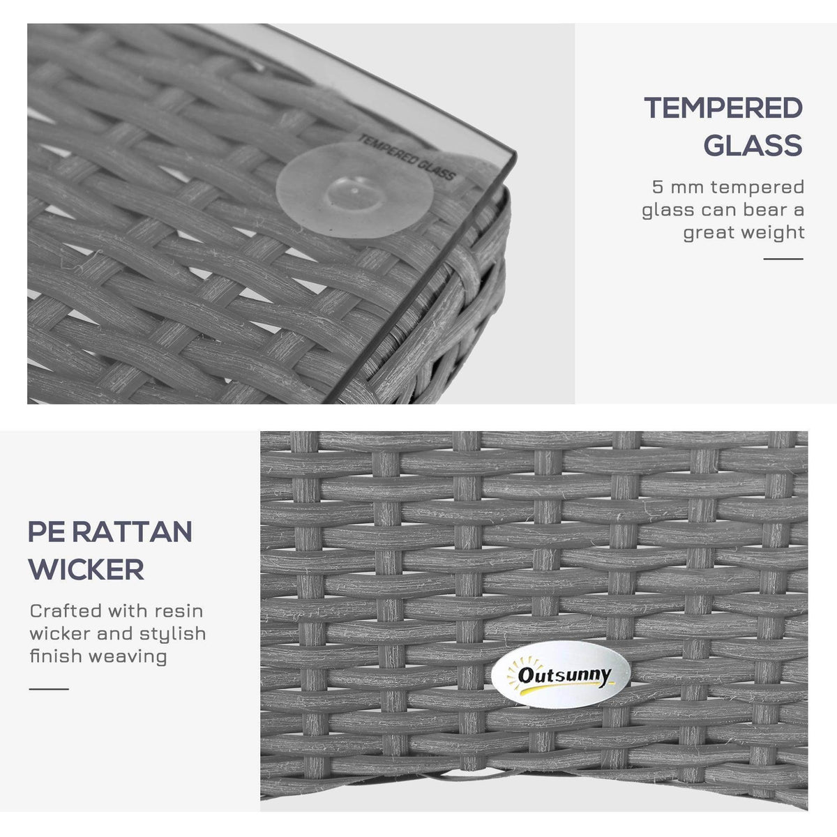 Gray rattan bistro table with tempered glass top (5 mm) over woven texture