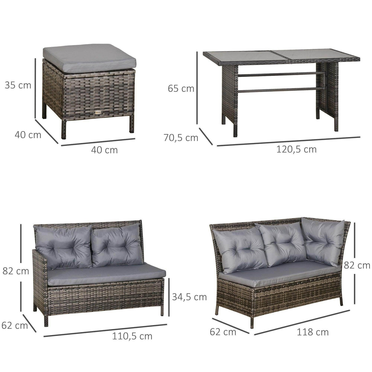 Grey rattan corner dining set size diagram with sofa, table, and ottoman dimensions