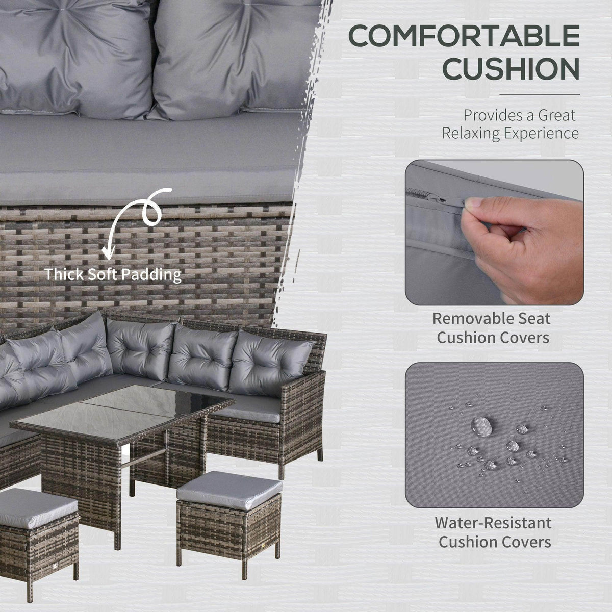 Grey padded corner dining set cushion with quilted design on rattan seating