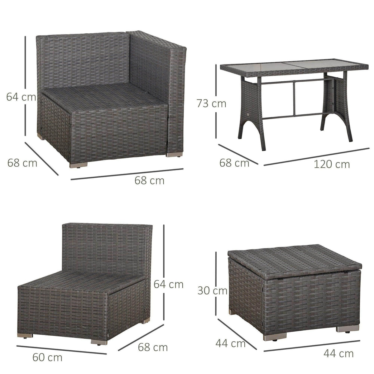 Dark gray woven rattan armchair, matching table, and ottoman with cushion
