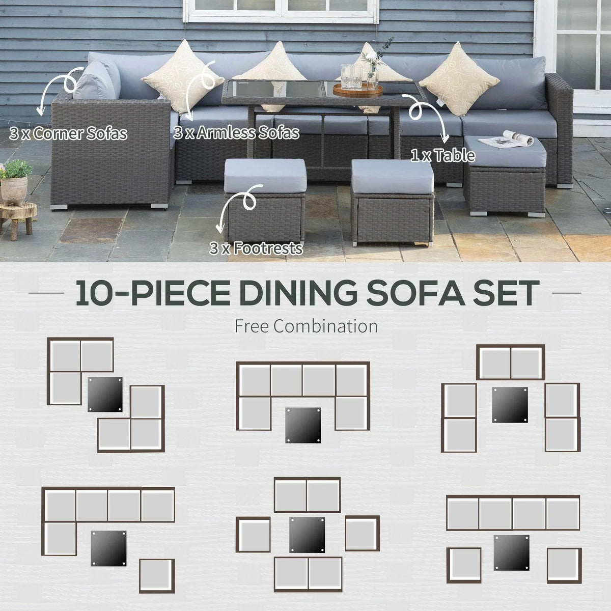 Outdoor 10-piece dining sofa set layout with corner sofas, table, and ottomans