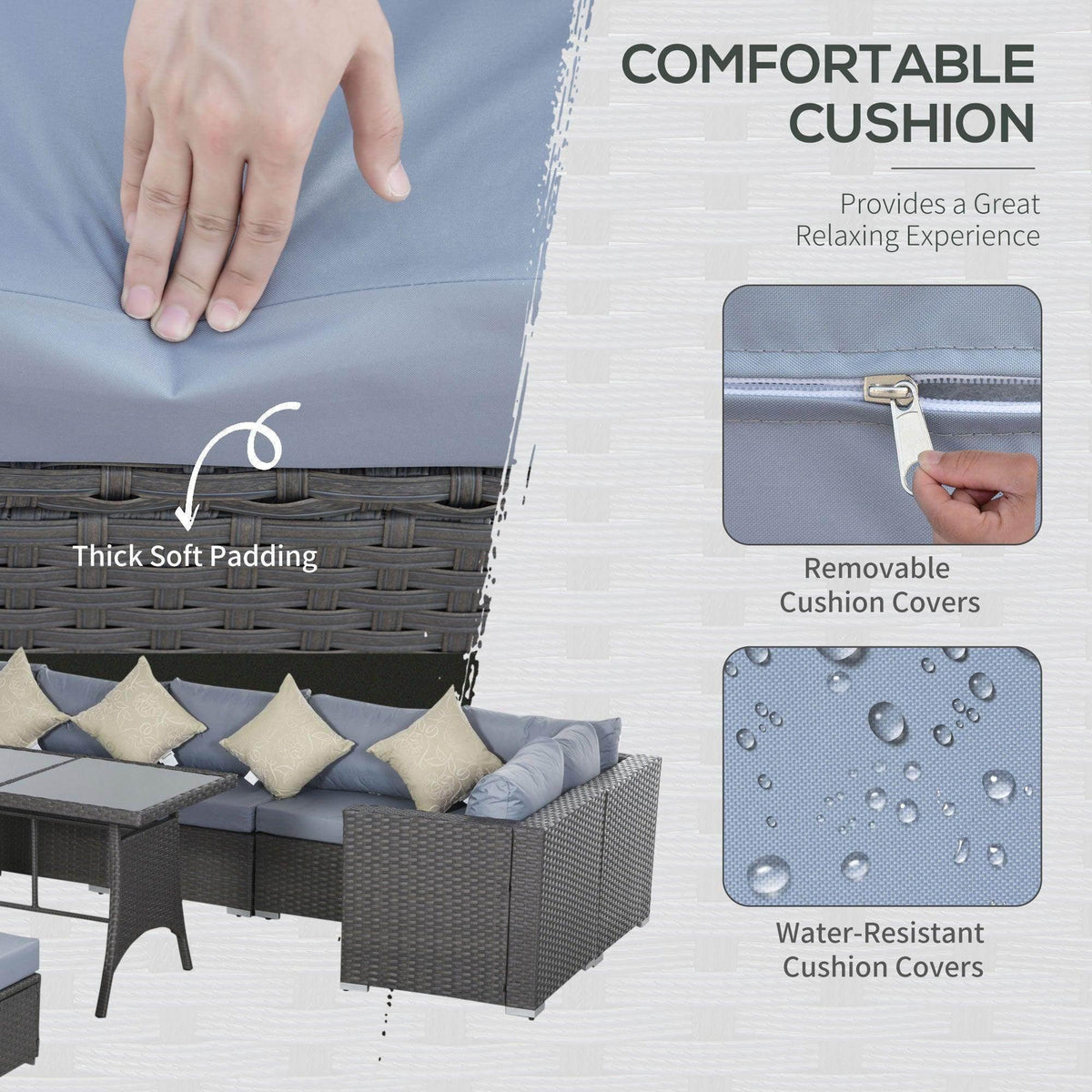 Gray woven rattan dining sofa with thick cushion padding and removable zip covers