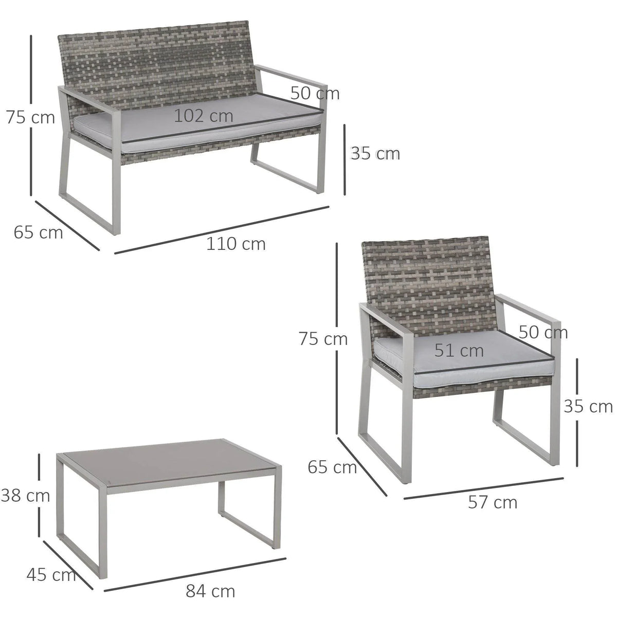 Dimension diagram of gray resin wicker loveseat chairs, single chairs, and coffee table with cushions