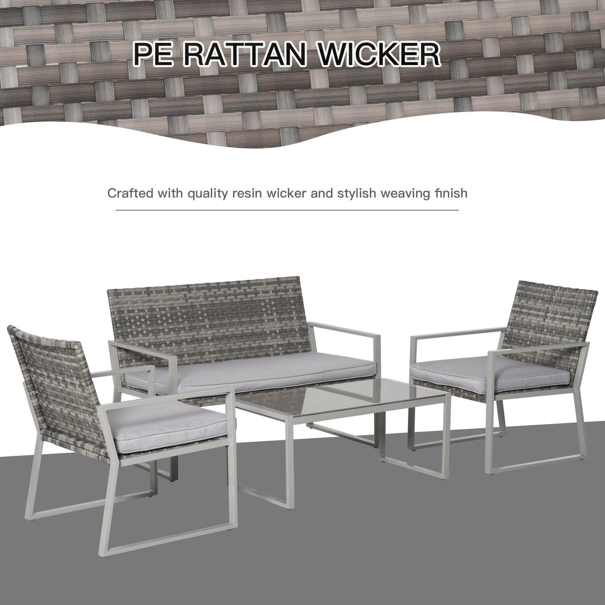 Gray resin wicker patio sofa set with cushions and glass-top coffee table, four seating pieces