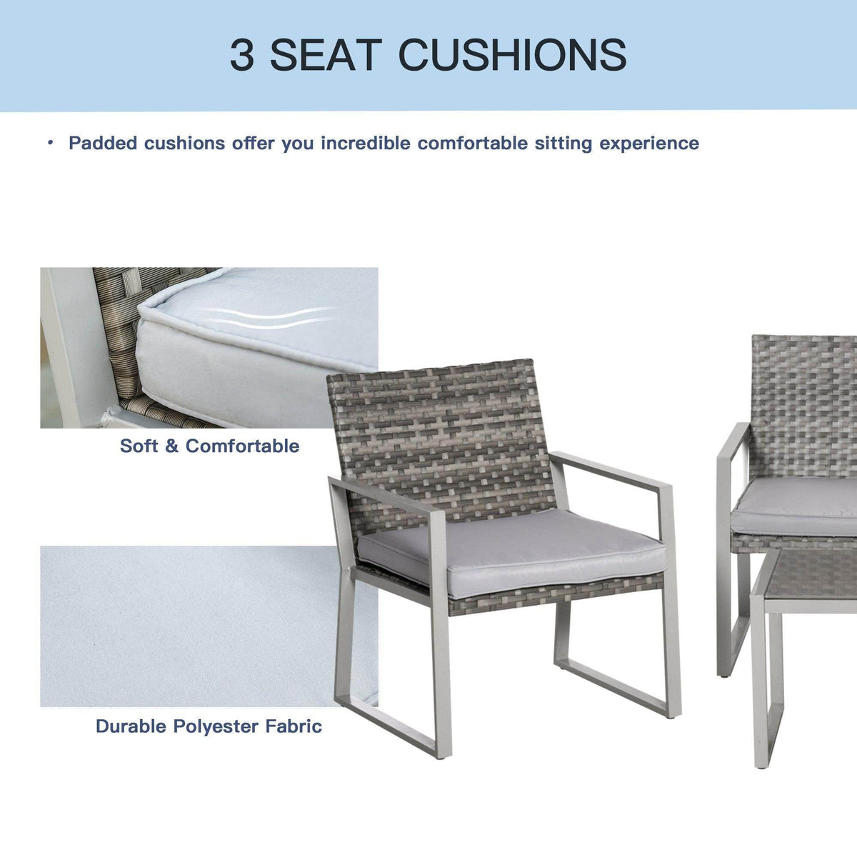 Resin wicker patio chair with light gray seat and back cushions; gray metal arm frame