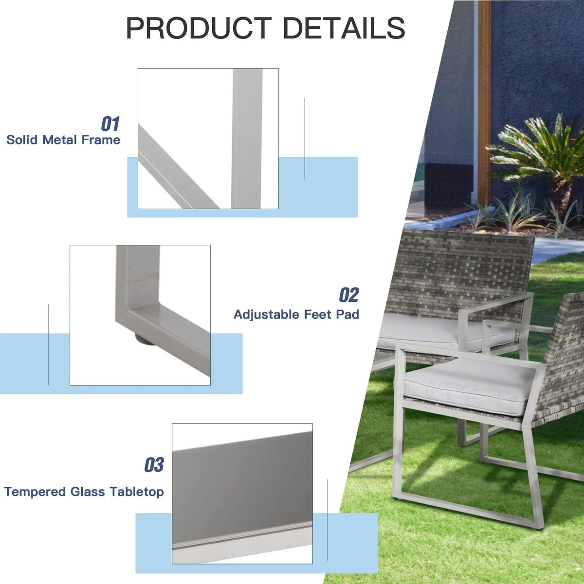 Patio chair product details: gray metal frame, woven resin wicker back, and light gray cushions