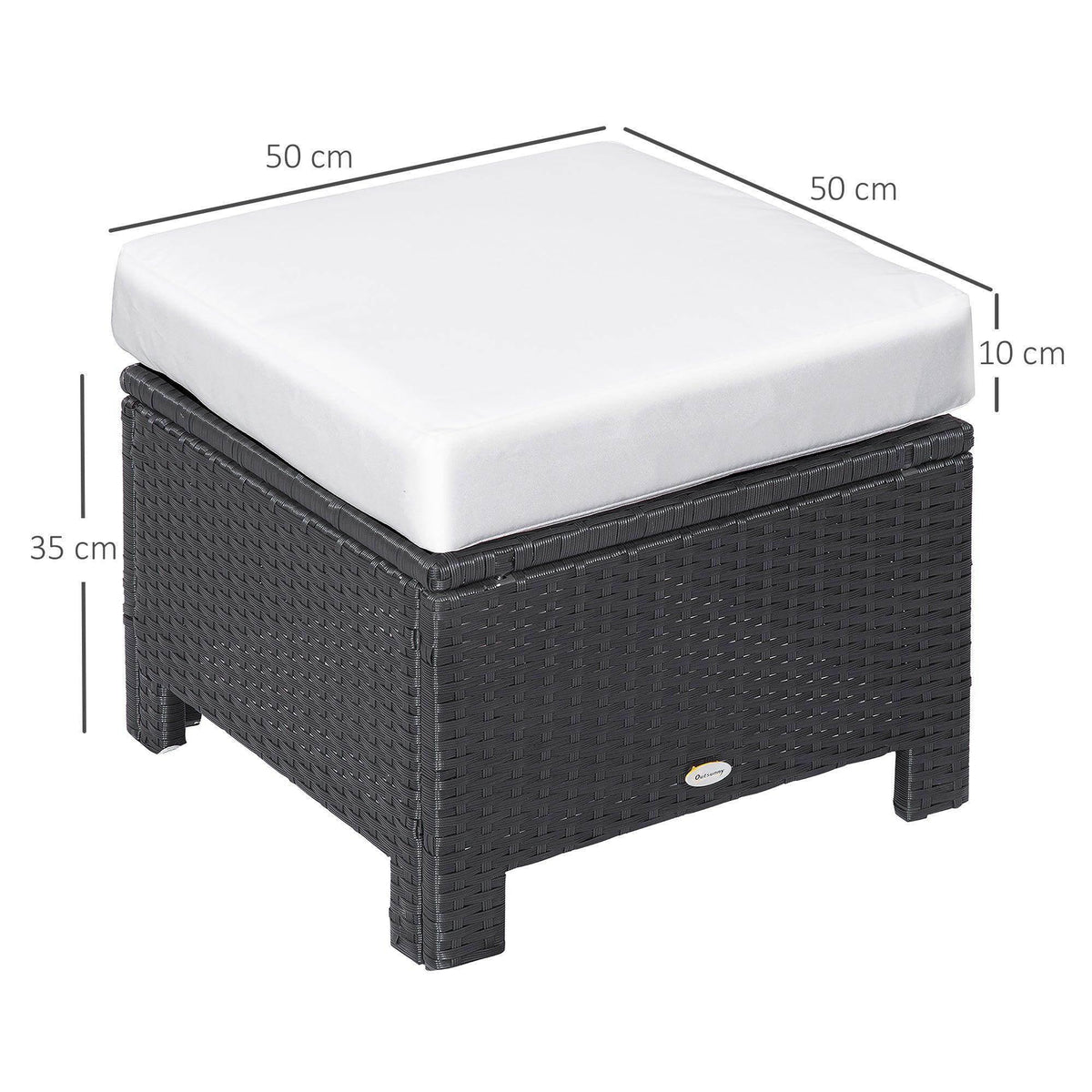 Black rattan ottoman with padded white seat cushion and squared legs
