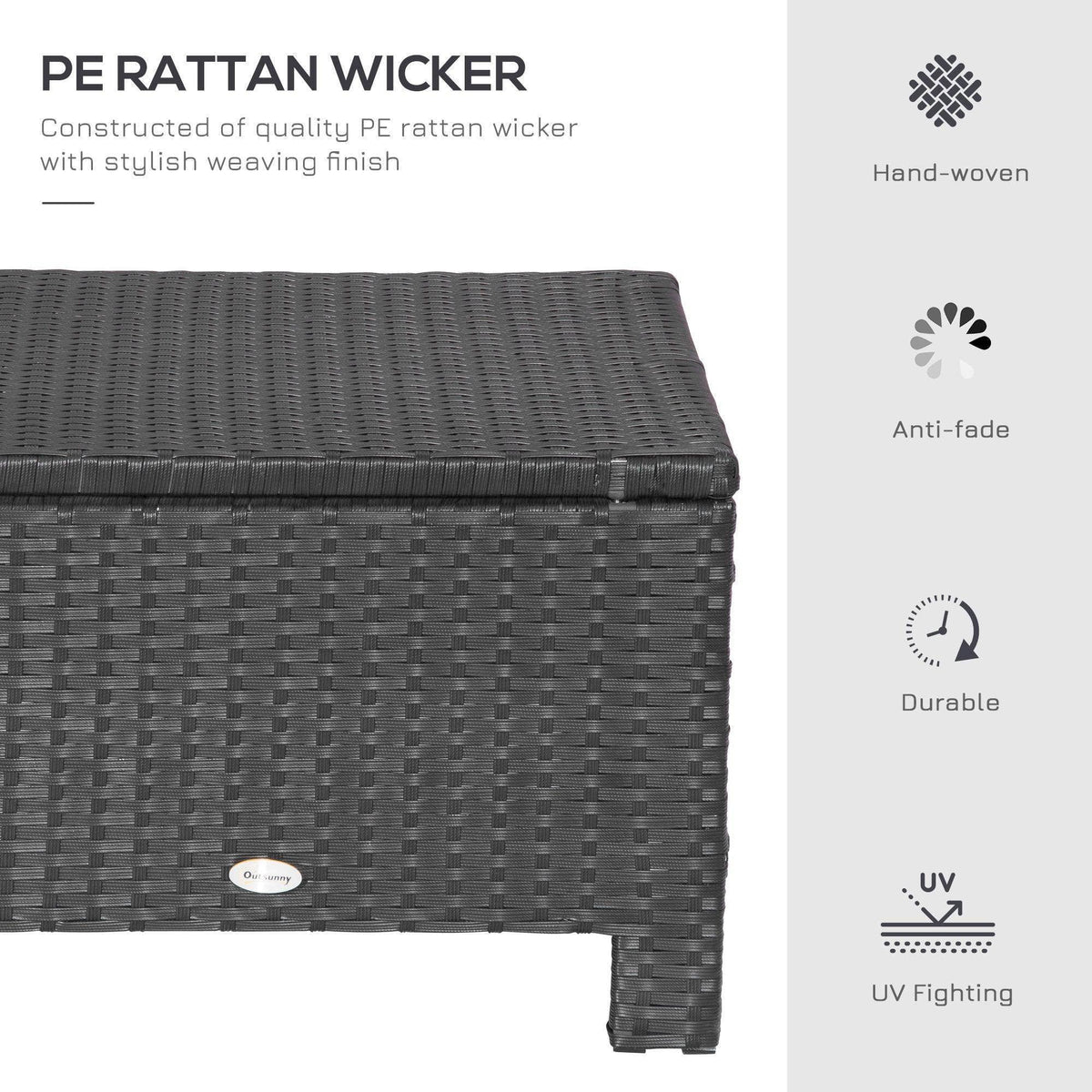 Black PE rattan wicker ottoman with cushioned seat and woven texture