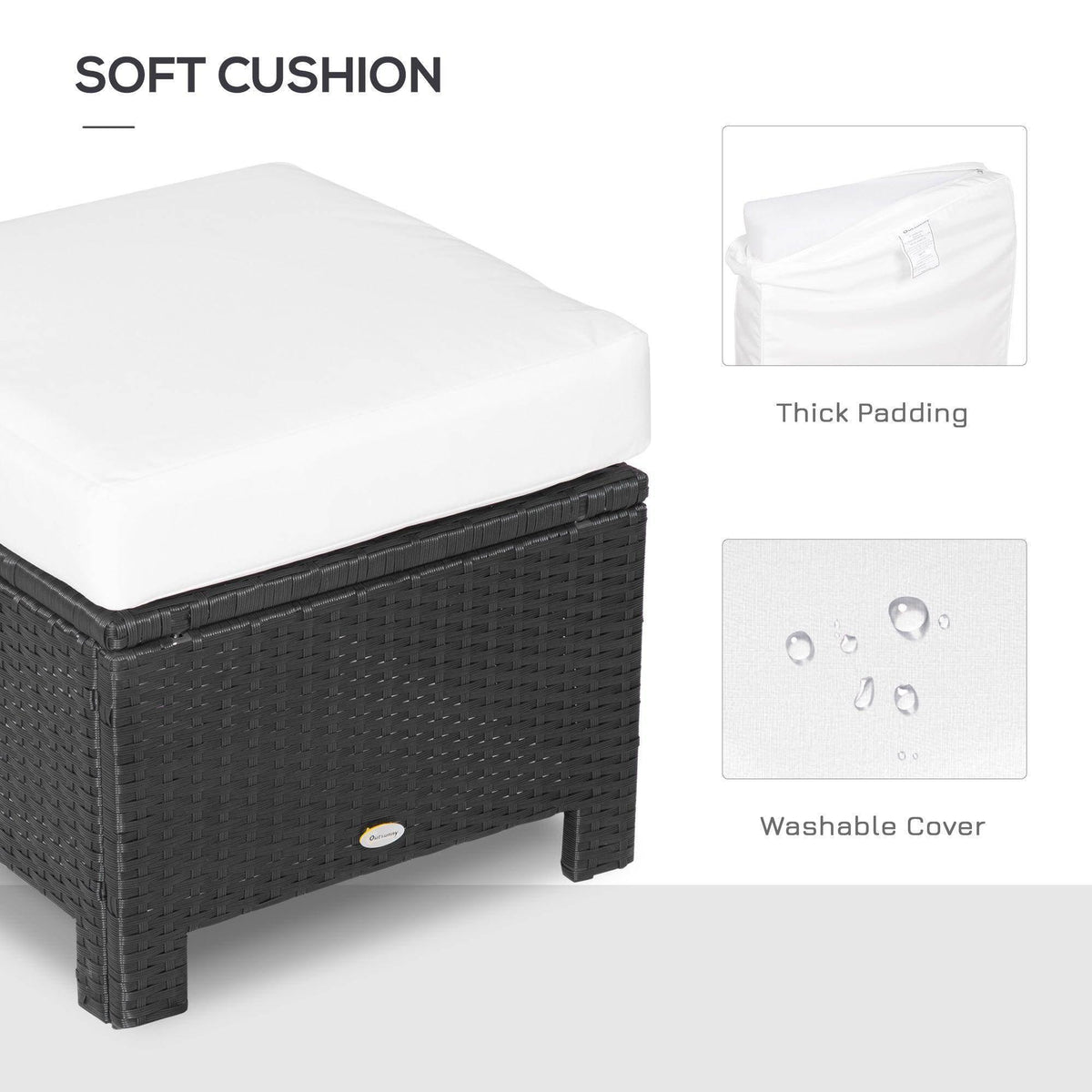 Black rattan ottoman with thick white cushion and zipped cover detail