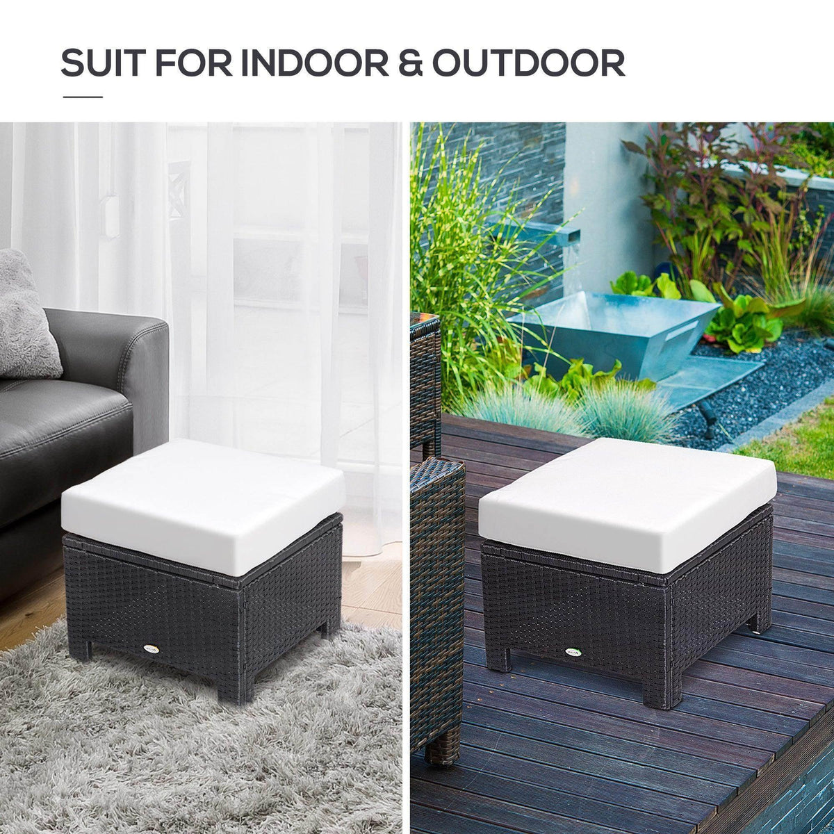 Square black rattan ottoman with padded white seat for indoor and outdoor