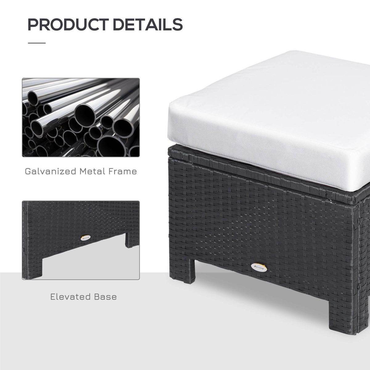 Black rattan ottoman with white cushion and elevated base detail