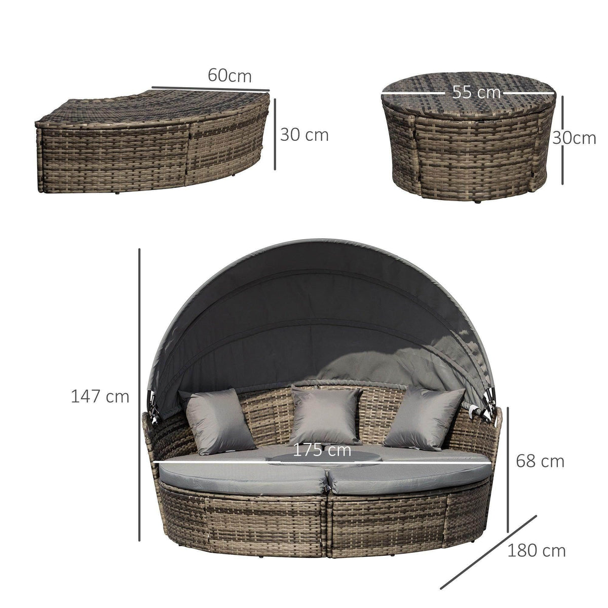 Rattan patio daybed sofa dimensions: round seat with grey cushions and black canopy