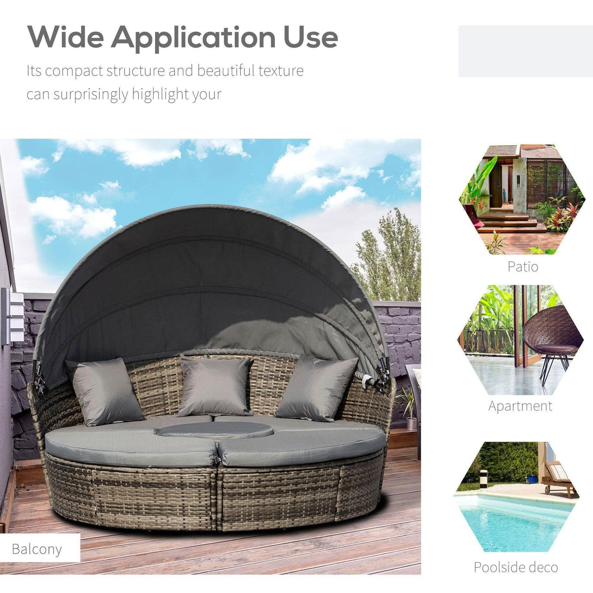 Rattan patio daybed sofa with black curved canopy and three grey back cushions