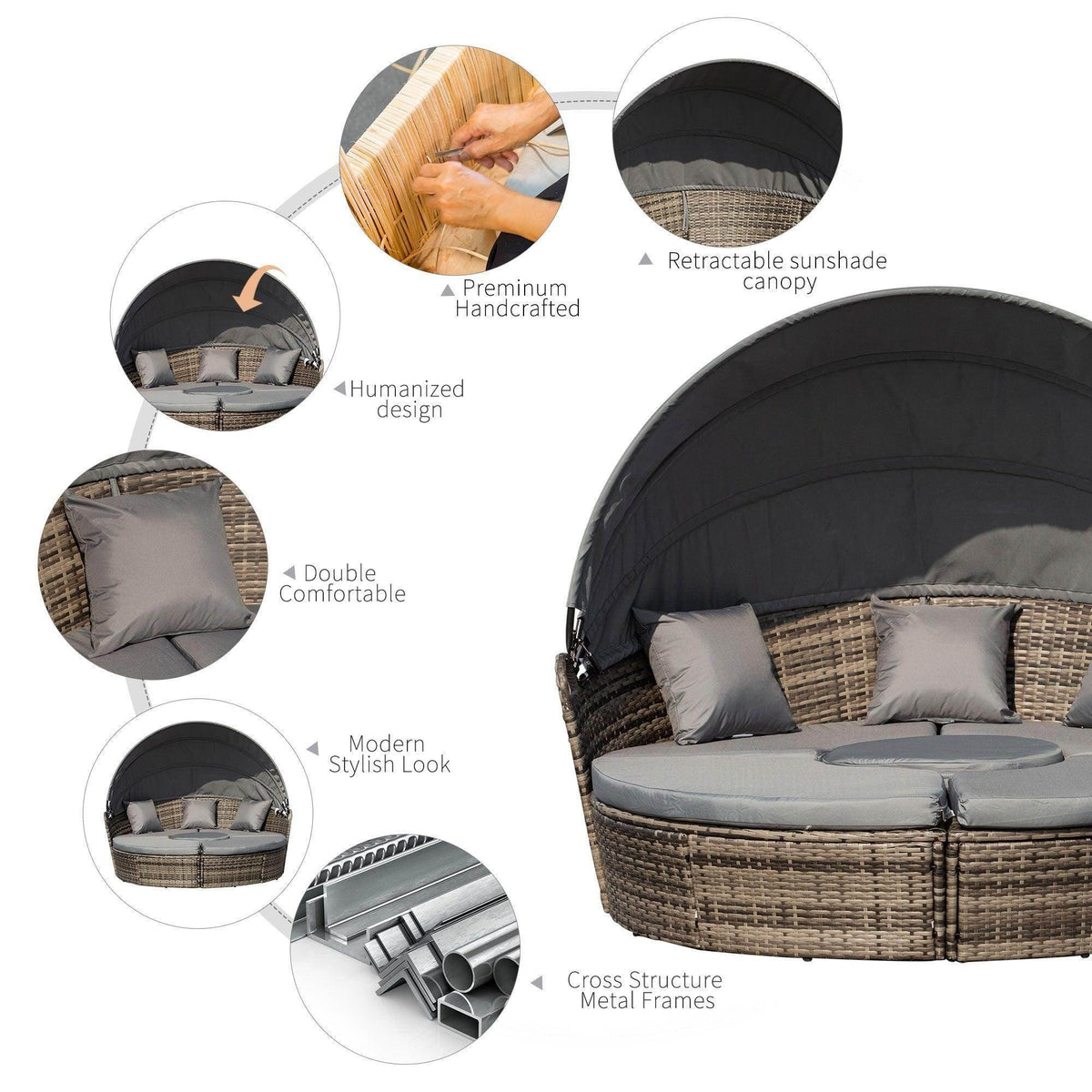 Rattan patio daybed sofa with grey cushions and black retractable canopy details