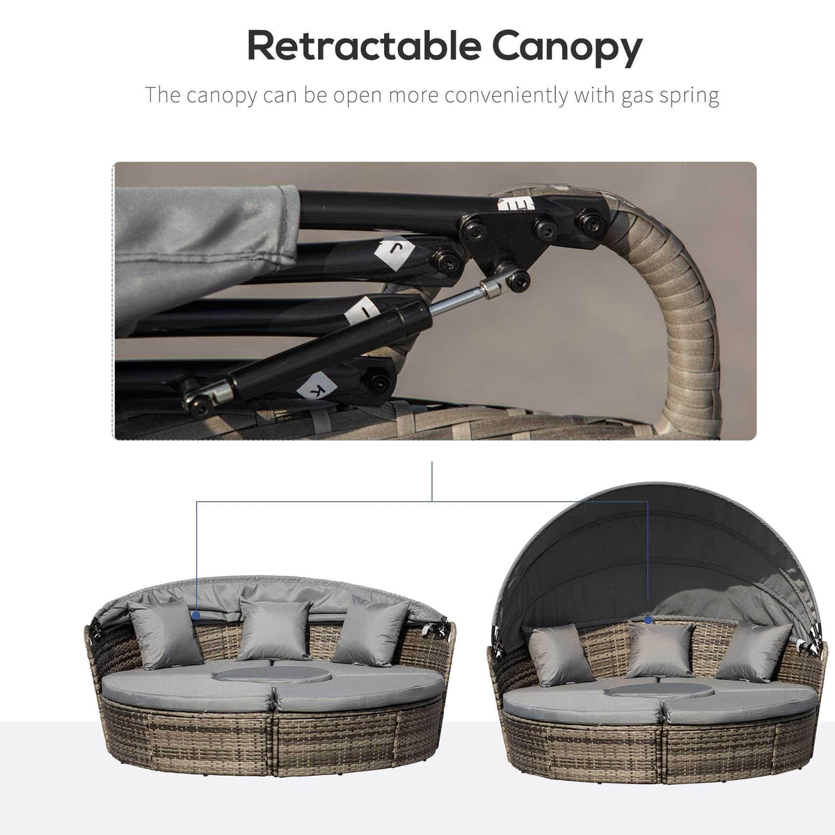 Patio daybed sofa canopy mechanism with black frame and grey fabric cover