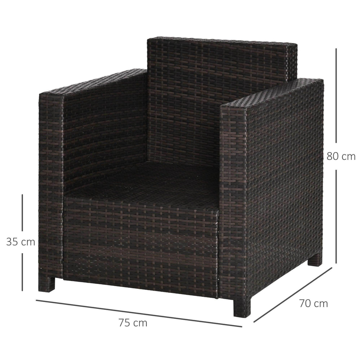 Dark brown wicker outdoor armchair with dimensions, ideal for patio or garden seating