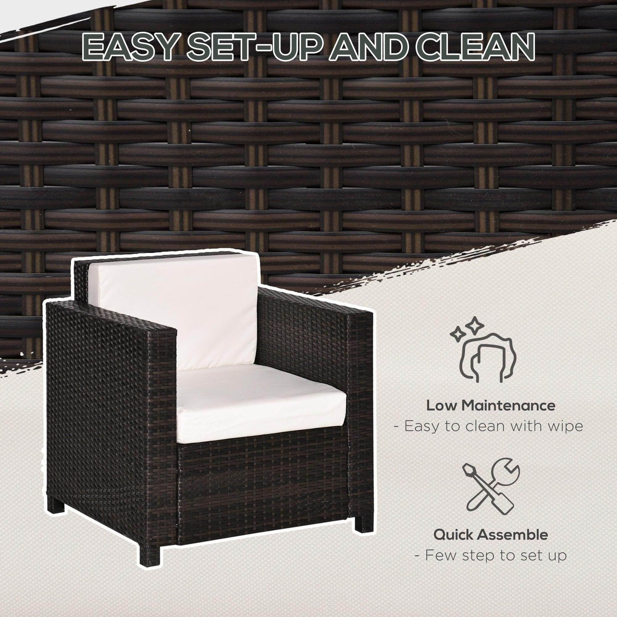Brown wicker outdoor armchair with white cushion, easy setup and low maintenance for patio or garden use