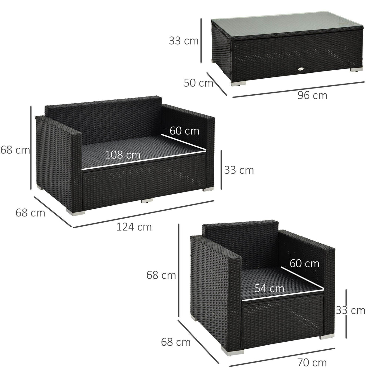 Rattan sofa set dimension diagram: dark woven loveseat, single seat, and coffee table