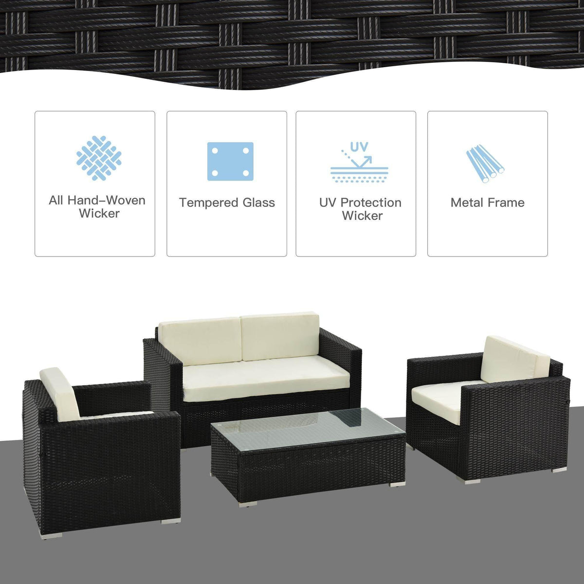 Rattan patio sofa set with dark woven frames and white seat cushions on 4 pieces