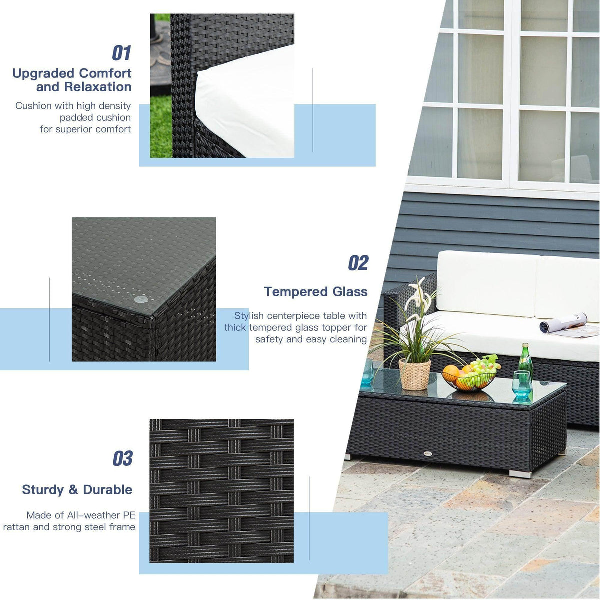 Rattan sofa set with durable woven texture, padded cushions, and tempered glass top