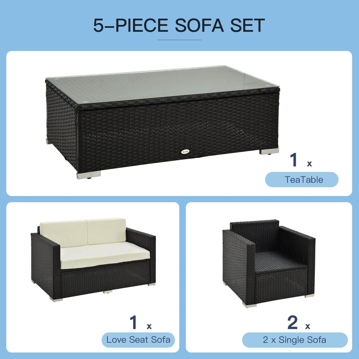 Rattan 5-piece sofa set with coffee table and light cushions, dark woven frame