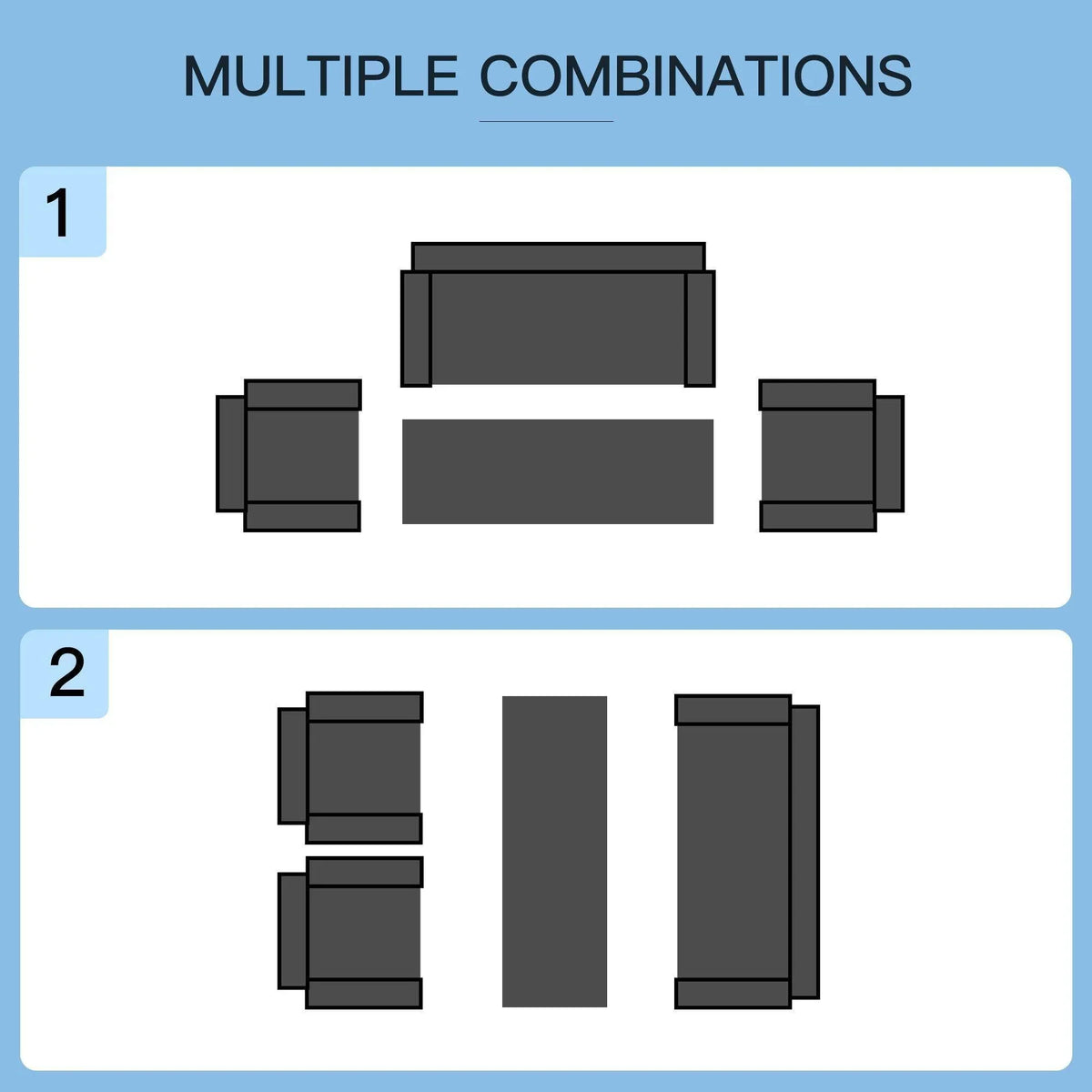 Rattan sofa set layouts showing seating arrangements with dark woven pieces