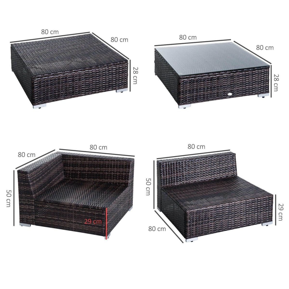Brown woven rattan sofa components set, showing seat and storage-style table tops