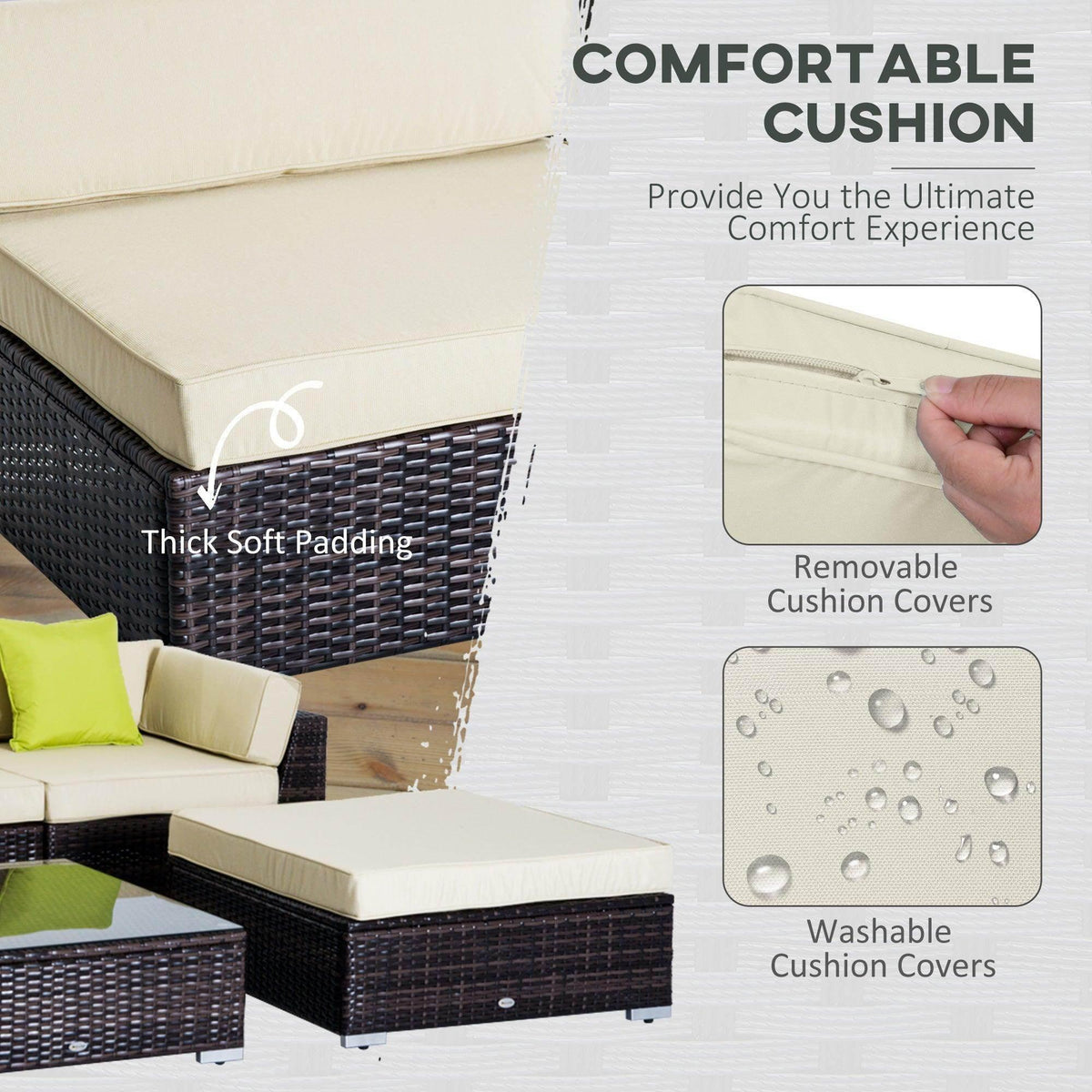 Cream outdoor cushion on dark brown wicker sofa with green accent pillows
