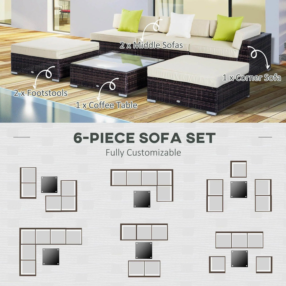 6-piece modular rattan sofa set layout with corner seating, footstools, and coffee table
