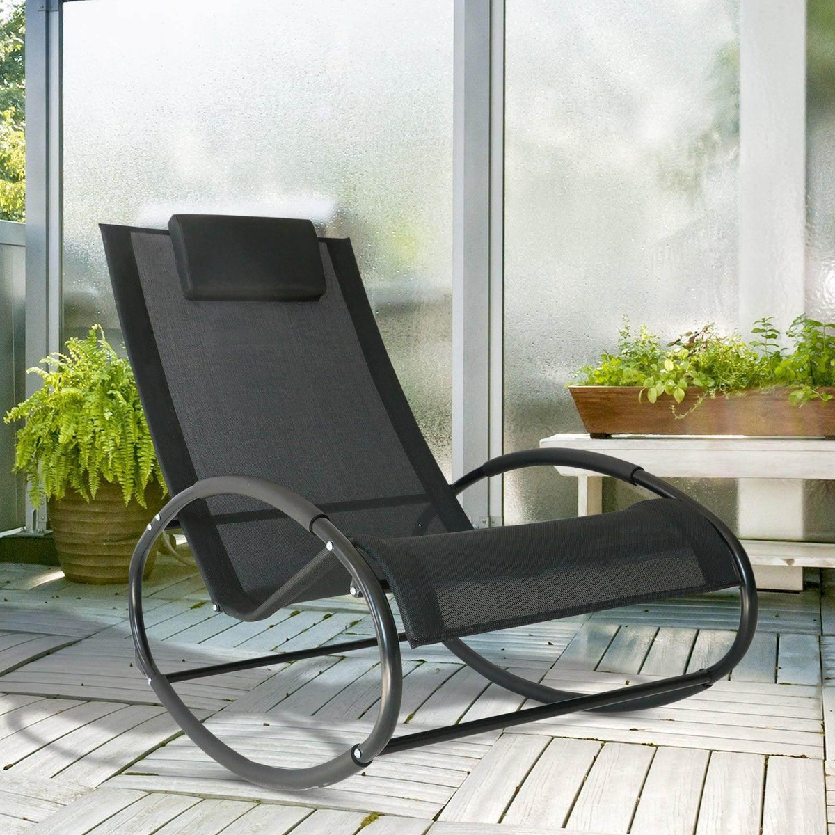 Black mesh recliner rocking chair with steel base and removable headrest