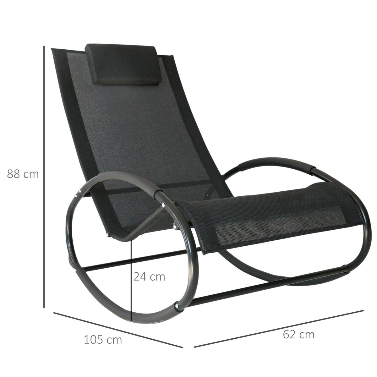 Black recliner rocking chair on curved steel rockers, with headrest and mesh seat