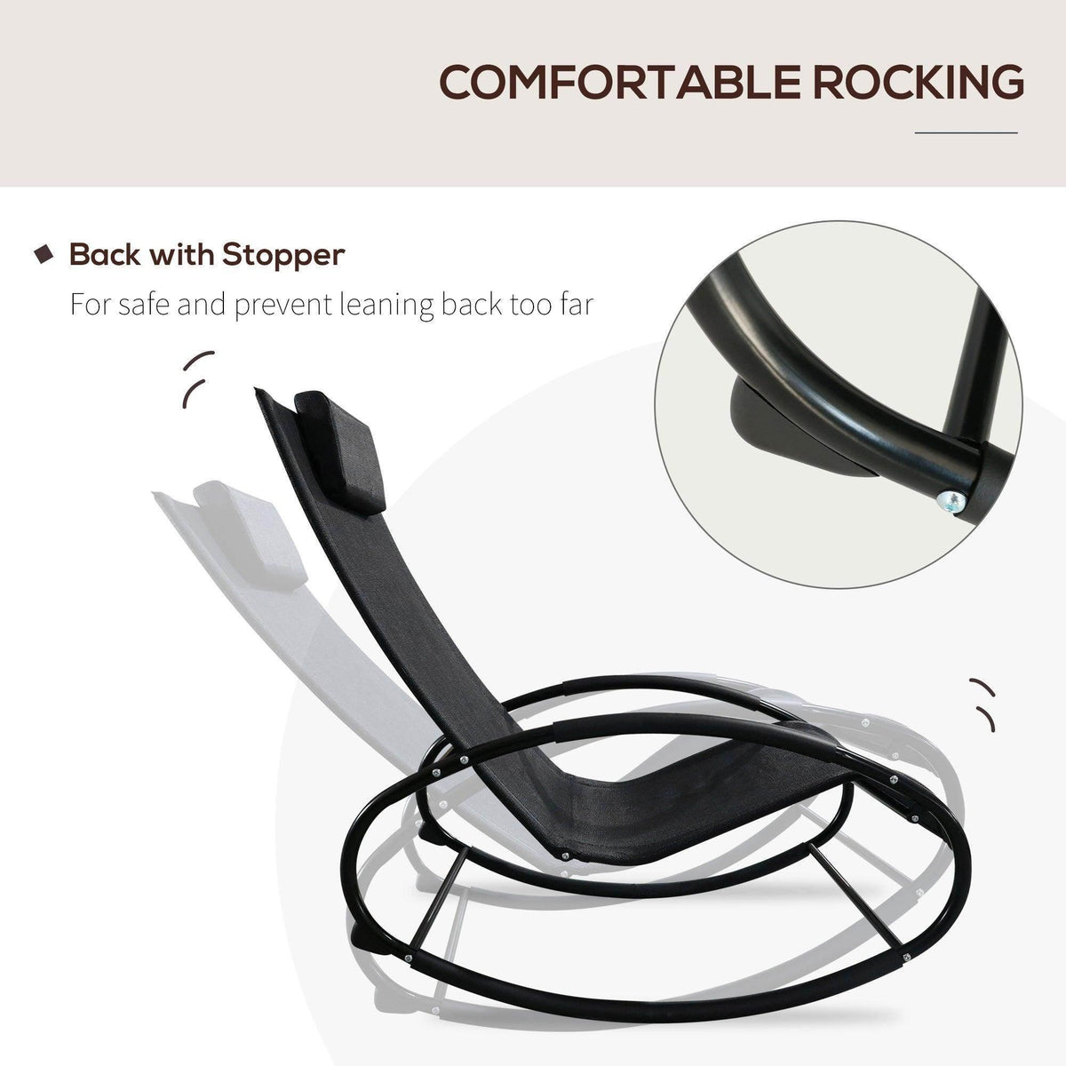 Black recliner rocking chair with back stopper and padded headrest, steel rock frame