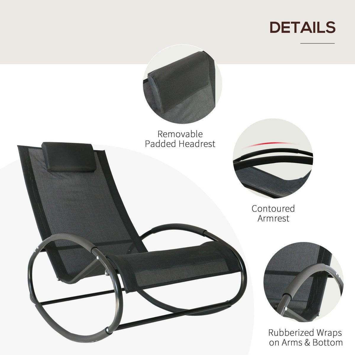 Black recliner rocking chair with removable headrest, contoured armrests, wraparound design