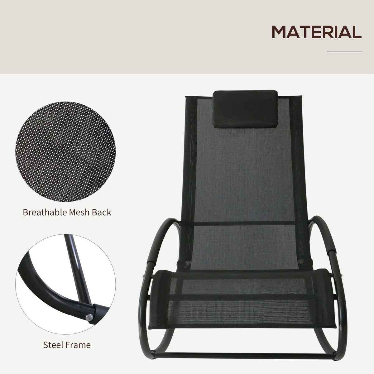 Black breathable mesh back recliner rocking chair with steel frame and adjustable headrest