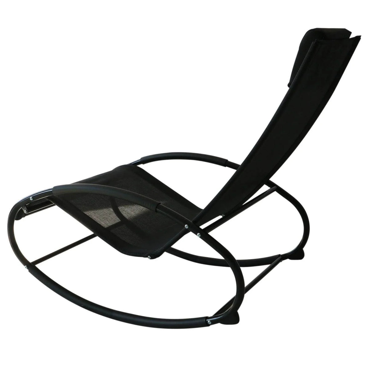 Black recliner rocking chair with mesh seat and back on curved steel rockers