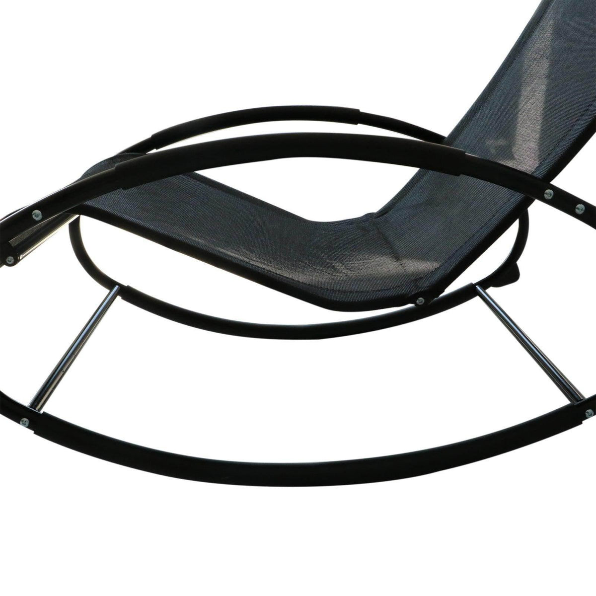 Close view of black mesh seat and back on curved steel rocking frame
