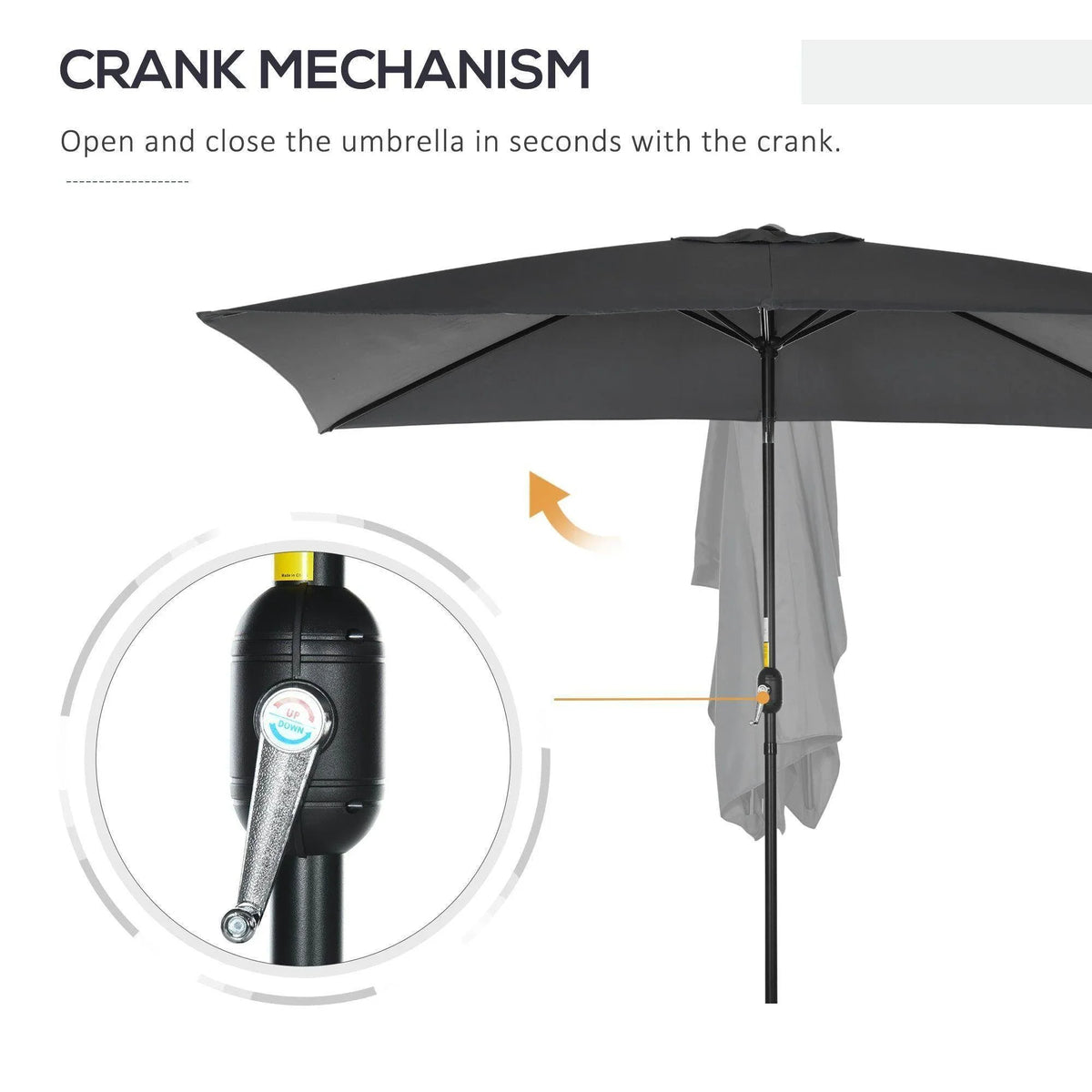 Rectangular black patio umbrella crank mechanism on center pole