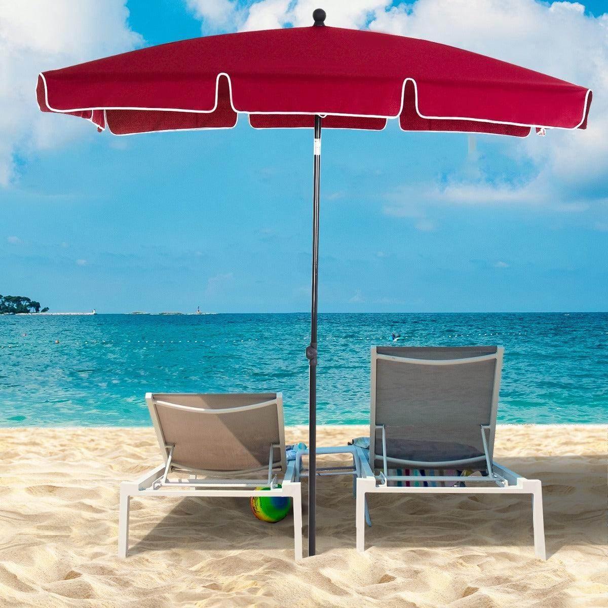 Red rectangular patio parasol with central black support pole and curved canopy