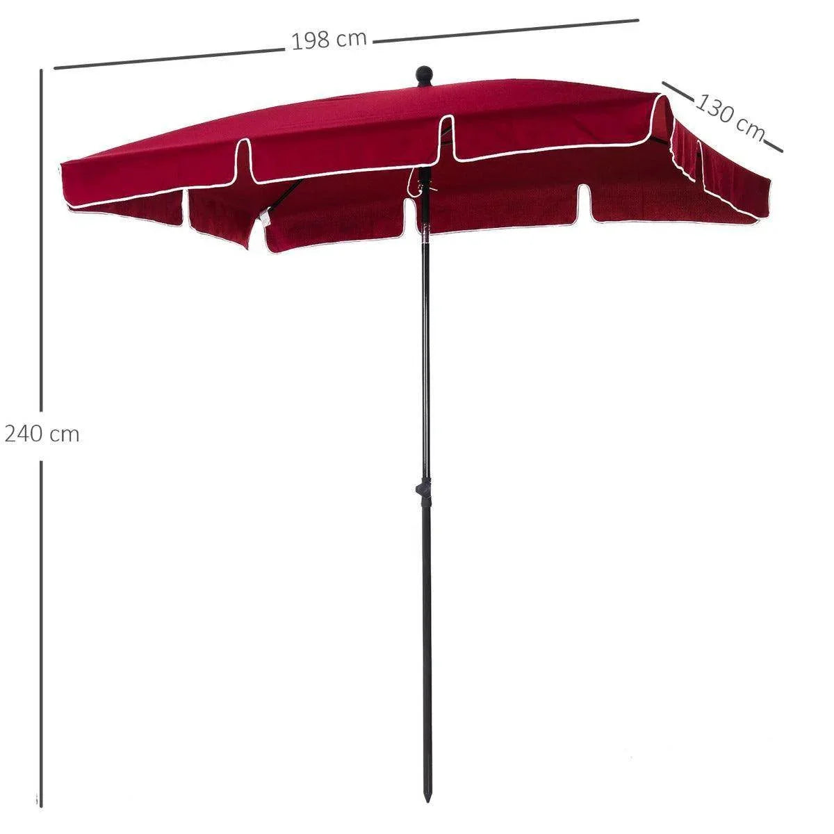Red rectangular garden parasol with black pole; size-marked canopy and seams