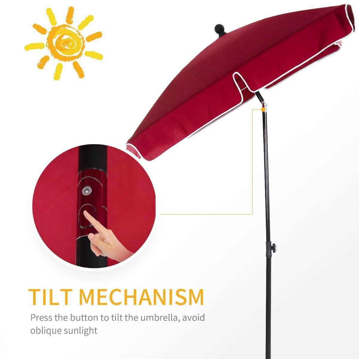 Red tilting rectangular garden parasol with button-operated tilt mechanism close-up