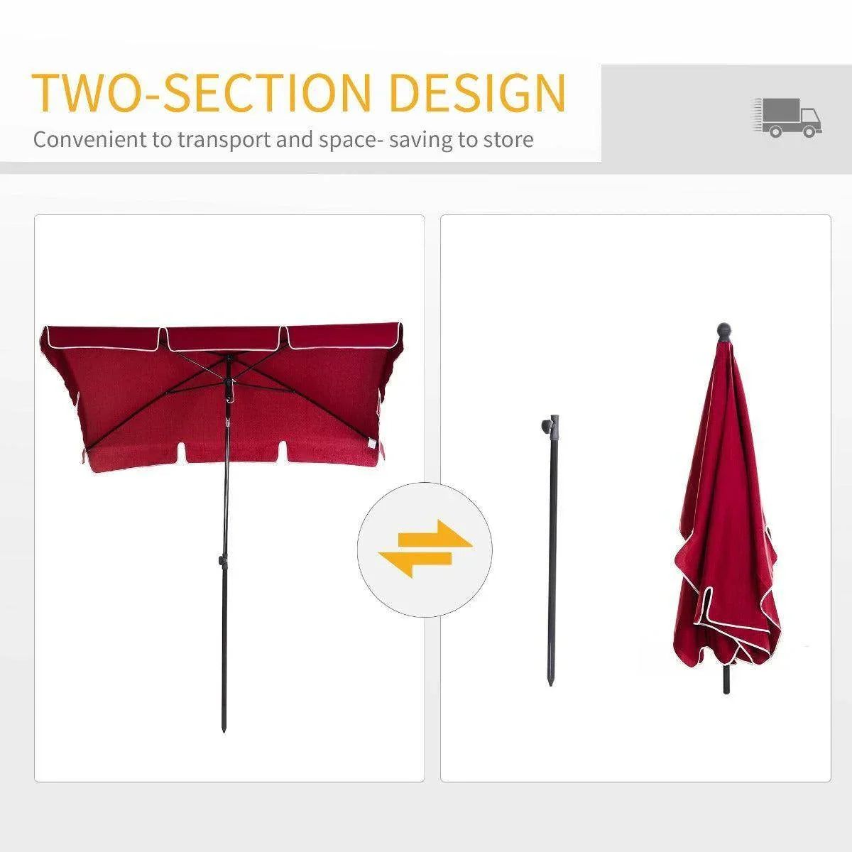 Red rectangular parasol with two-section fold design; space-saving for storage
