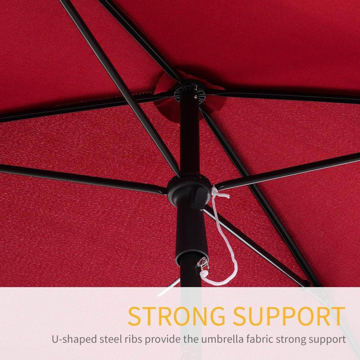 Red parasol canopy with black U-shaped steel ribs and central hub connector