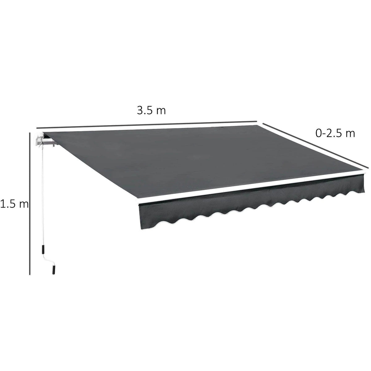 Retractable awning canopy with dark gray fabric and scalloped edge, shown with measurements