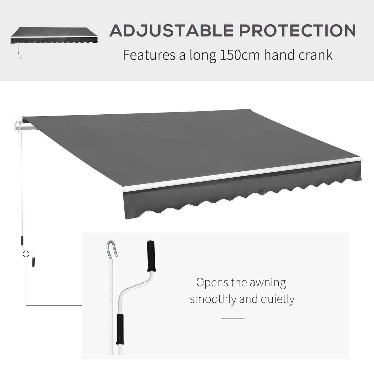 Retractable awning canopy with dark gray fabric and hand crank for smooth opening