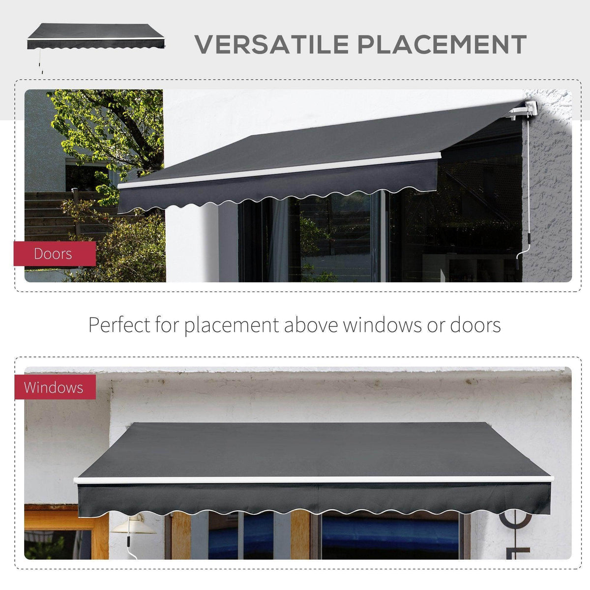 Retractable awning canopy for doors or windows, dark gray fabric with scalloped valance