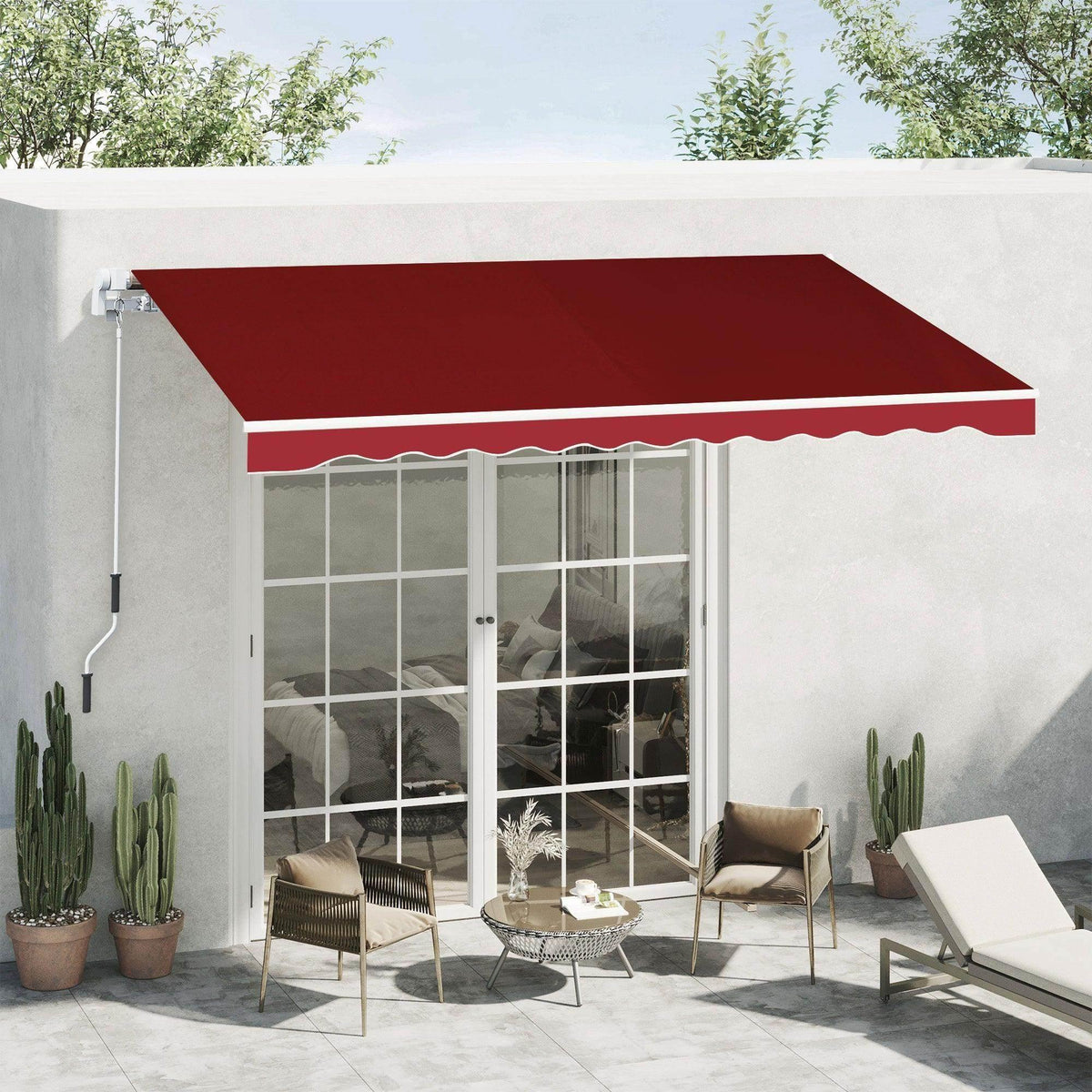 Retractable red sun shade canopy with scalloped valance, mounted over a doorway