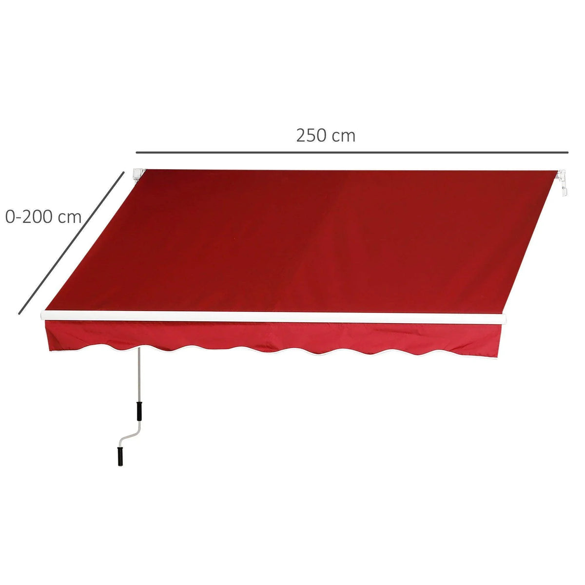 Red retractable awning canopy with scalloped edge and adjustable support arms