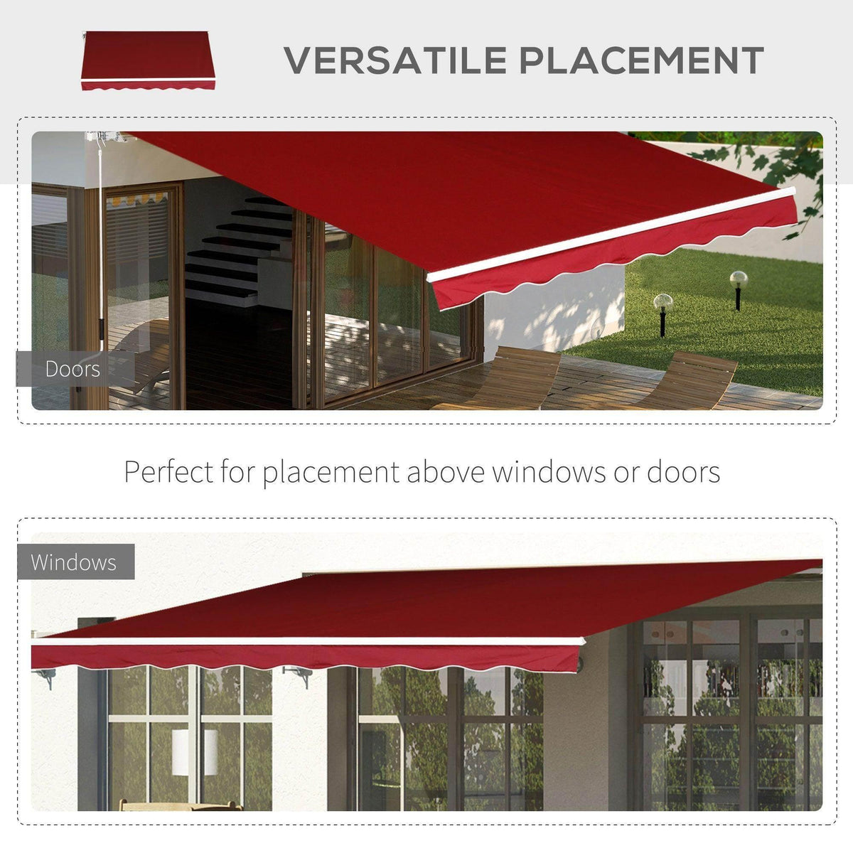 Red awning canopy designed to place above doors or windows with scalloped trim