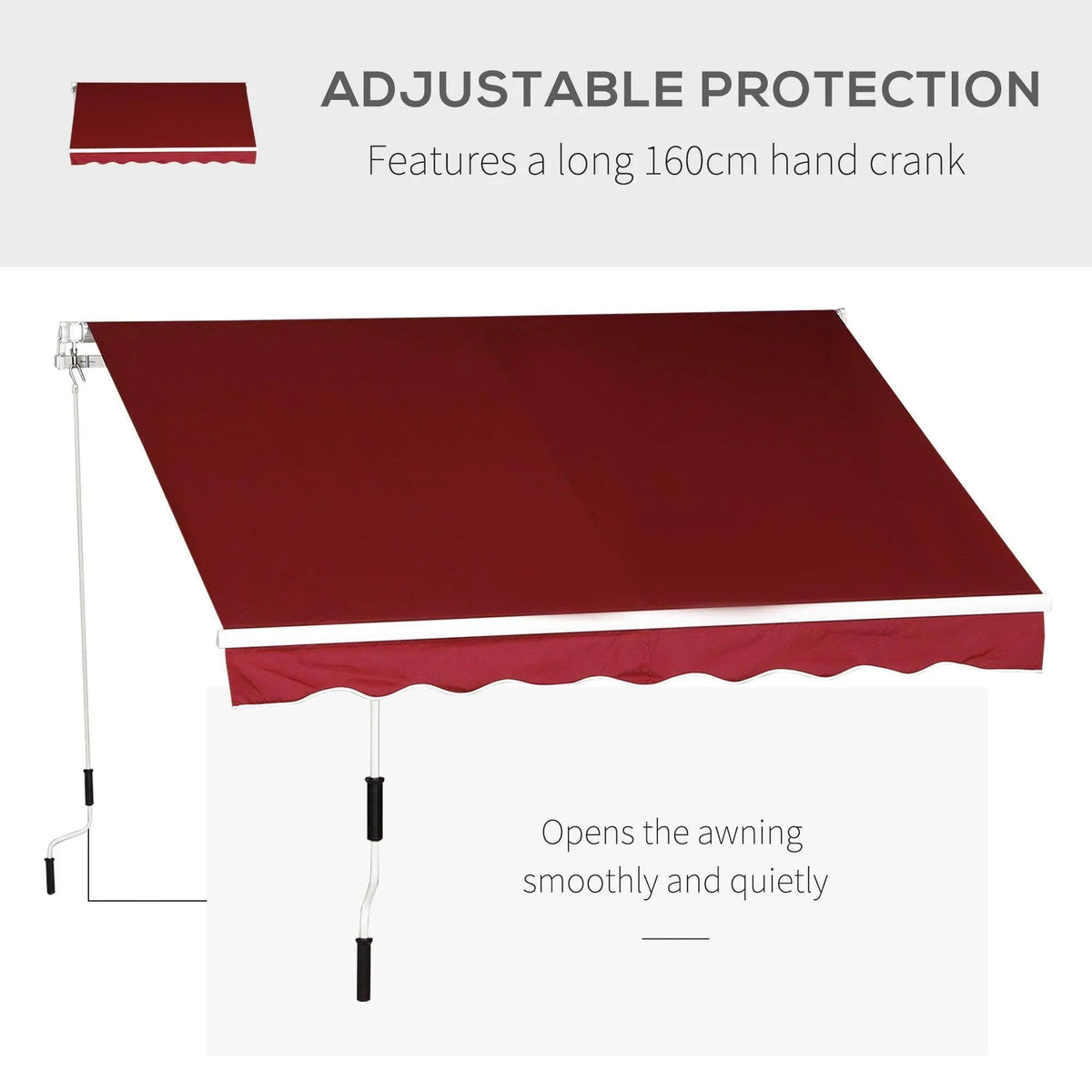 Red retractable sun shade awning with long hand crank and scalloped valance