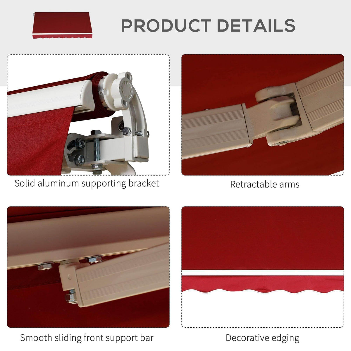 Retractable red awning details: support bracket, sliding front bar, decorative edging